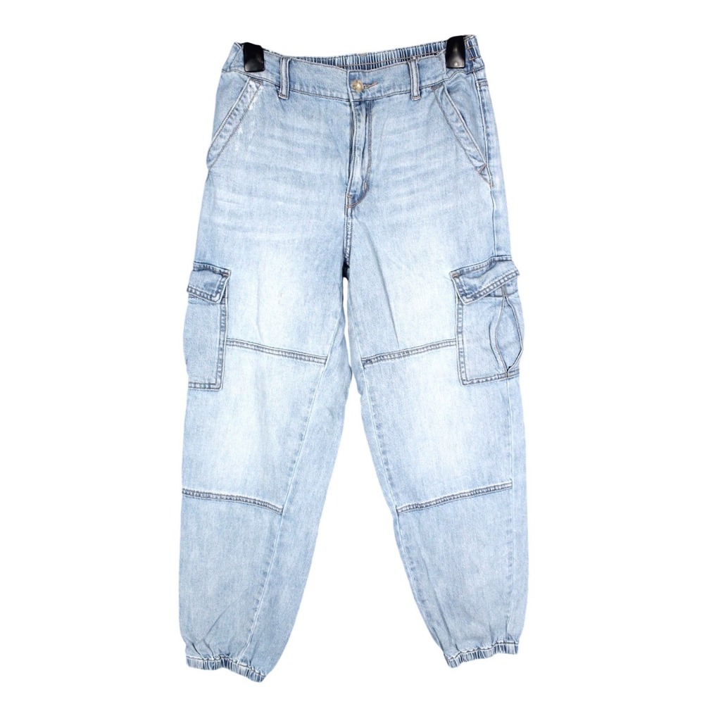 AMERICAN EAGLE Blue Denim HIGH-WAIST Elastic Waist CARGO JOGGER JEANS Sz 6 Reg